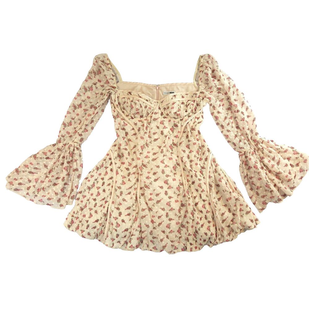 Floral Coquette Corset Mini Dress Bell Sleeve Cottage Milkmaid M Cream Underwire